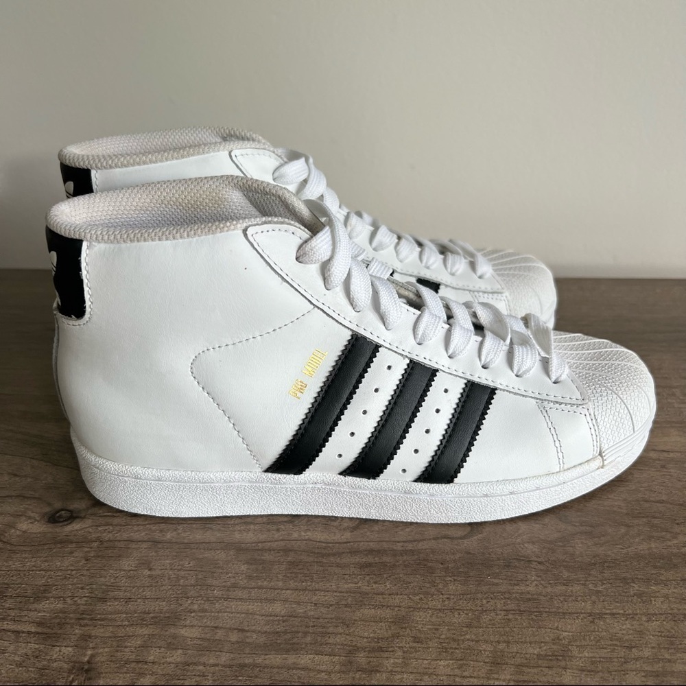 Adidas Pro Model Unisex Hi Top Shoes White Black Gold Foil Size 7 or 8.5 #905